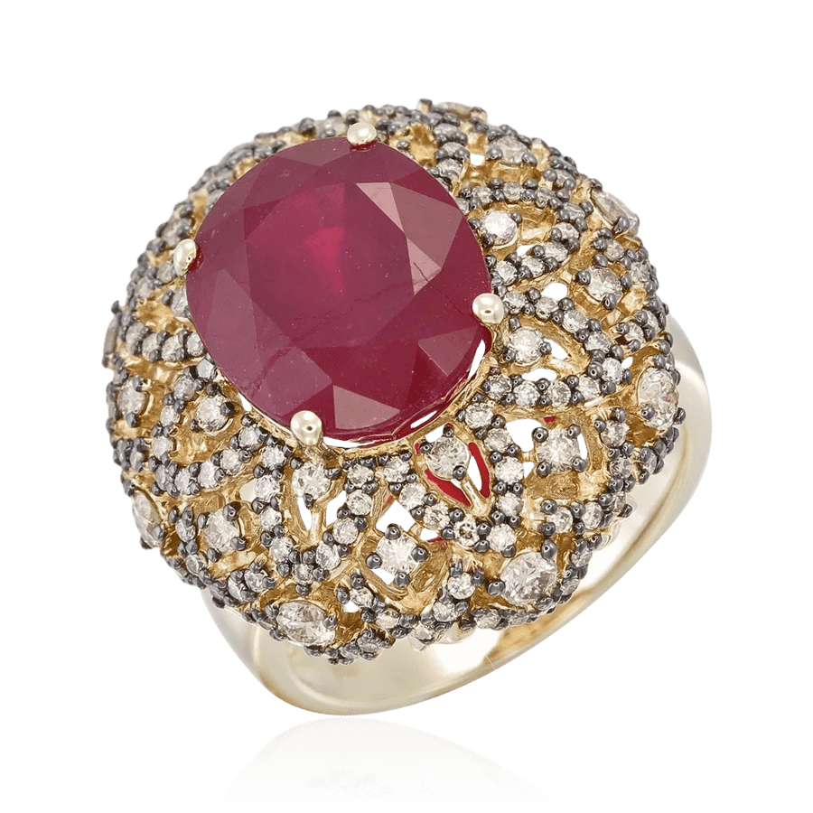 Кольцо с рубином, бриллиантами из желтого золота 585 пробы (арт. 87725)