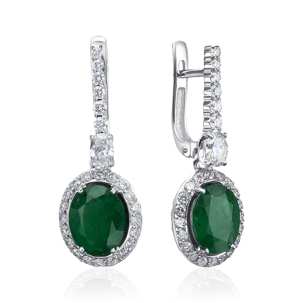 Серьги с изумрудом, бриллиантами из белого золота 585 пробы, фото № 1