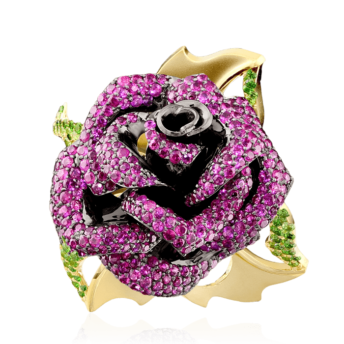 Кольцо Роза с рубином, демантоидом из желтого золота 750 пробы, фото № 2