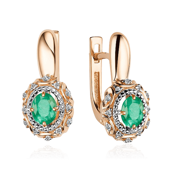 Серьги с изумрудом, бриллиантами из красного золота 585 пробы, фото № 1