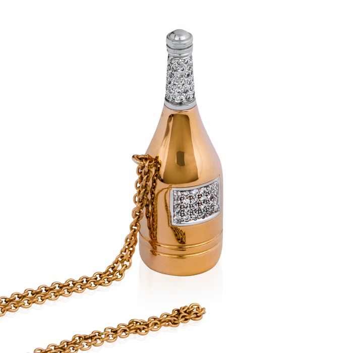 Ароматница Бутылка Шампанского на цепочке с бриллиантами из желтого и белого золота 585 пробы, фото № 1
