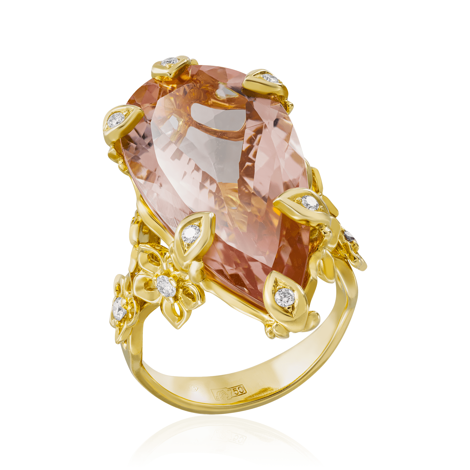 Кольцо с морганитом, бриллиантами из желтого золота 750 пробы (арт. 90847)