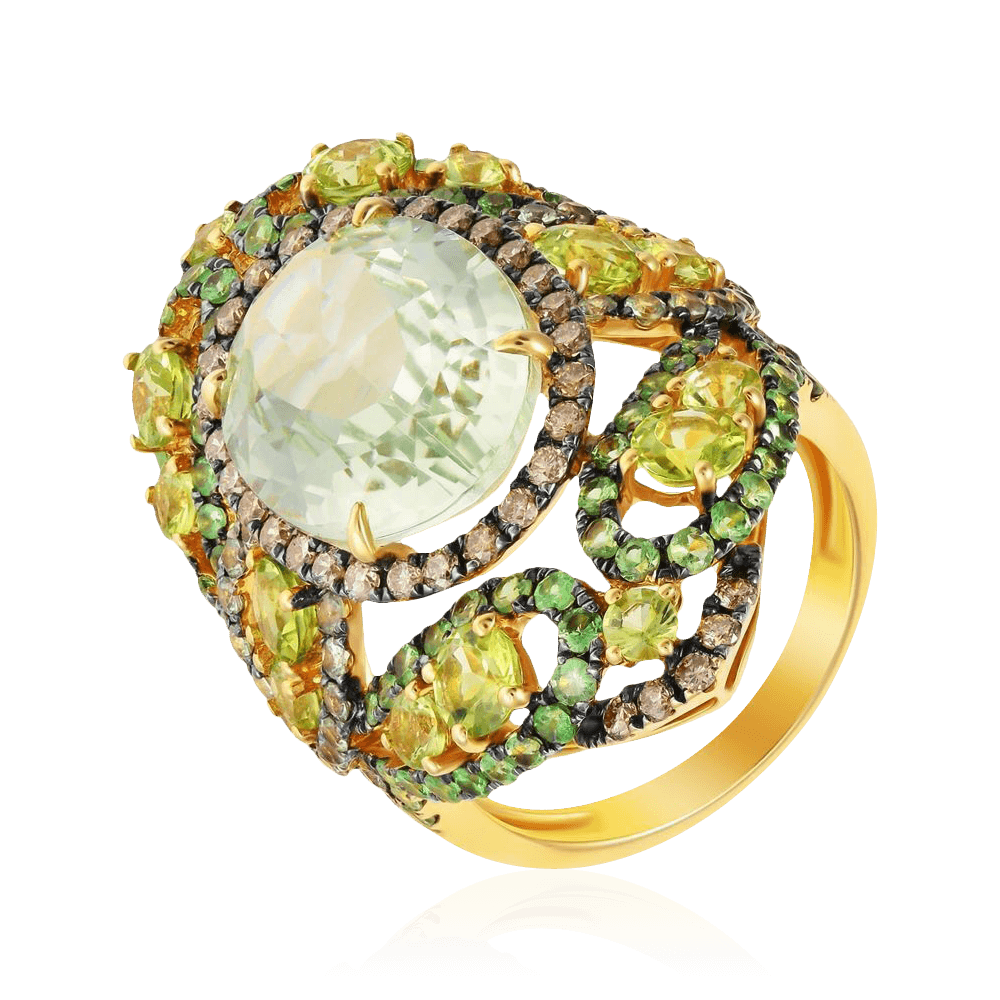 Кольцо с сапфиром, тсаворитом, бриллиантами, перидотом, празиолитом из желтого золота 585 пробы (арт. 103004)