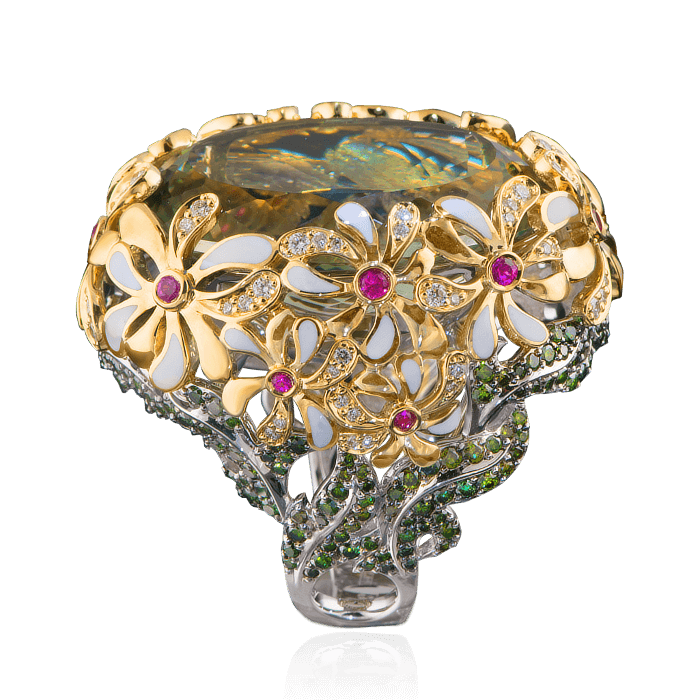 Кольцо с празиолитом, цветными сапфирами, эмалью и бриллиантами в белом и желтом золоте 750 пробы, фото № 3