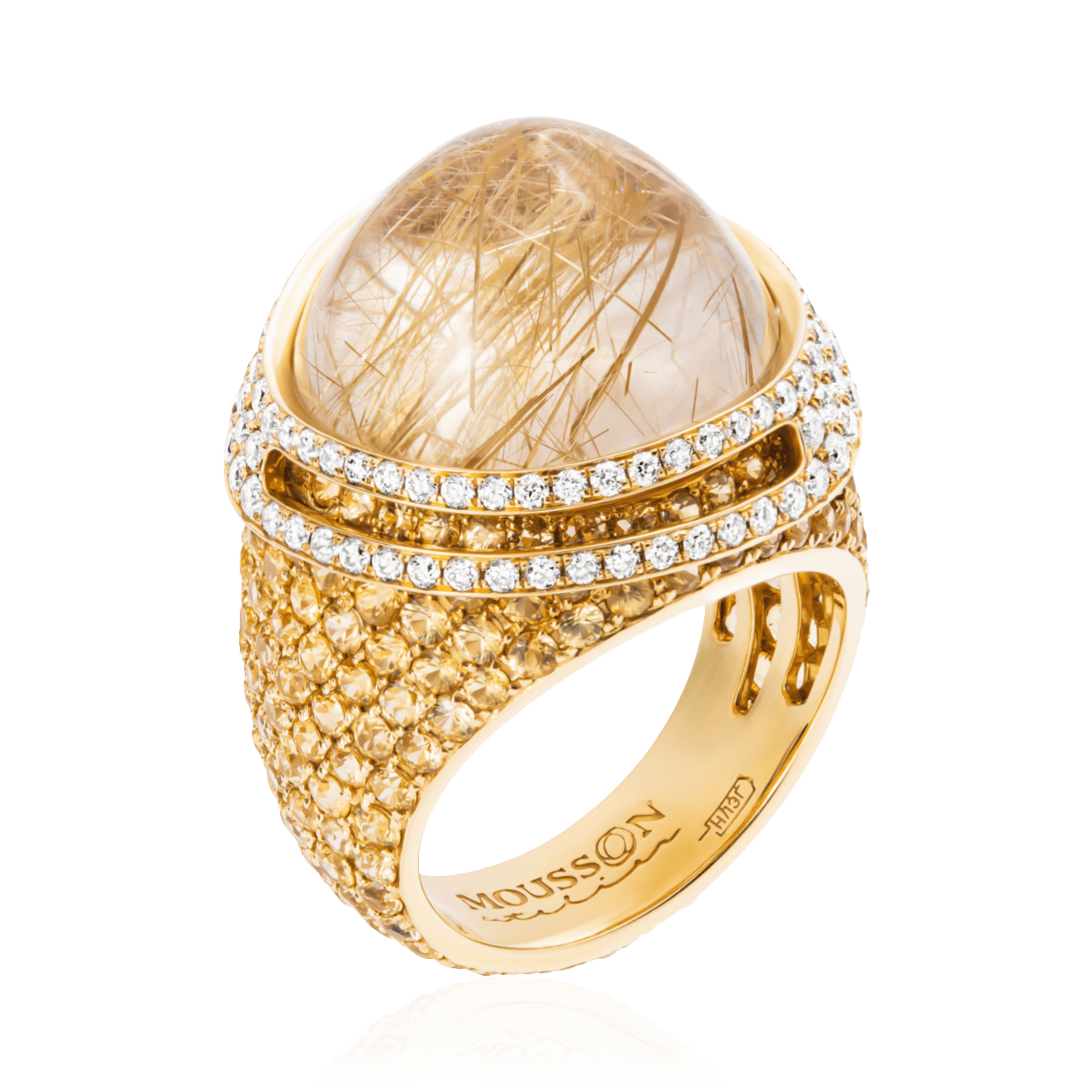 Кольцо с кварцем, сапфиром, бриллиантами из желтого золота 750 пробы (арт. 102224)