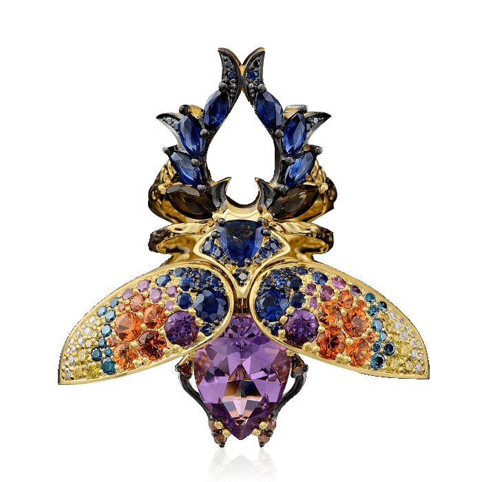 Кольцо Жук-Олень с двигающимися крыльями, украшенный цветными камнями и бриллиантами в желтом золоте 750 пробы (арт. 29851)