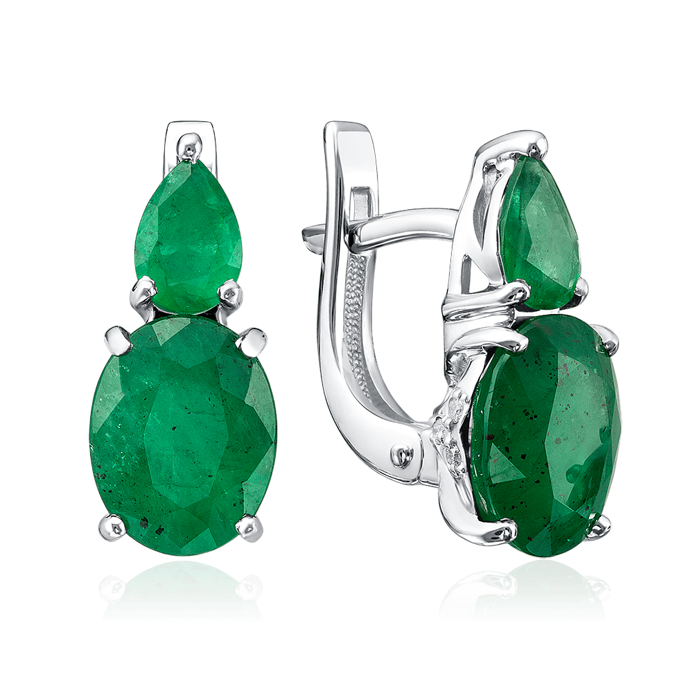 Серьги с изумрудом, бриллиантами из белого золота 585 пробы (арт. 126091)
