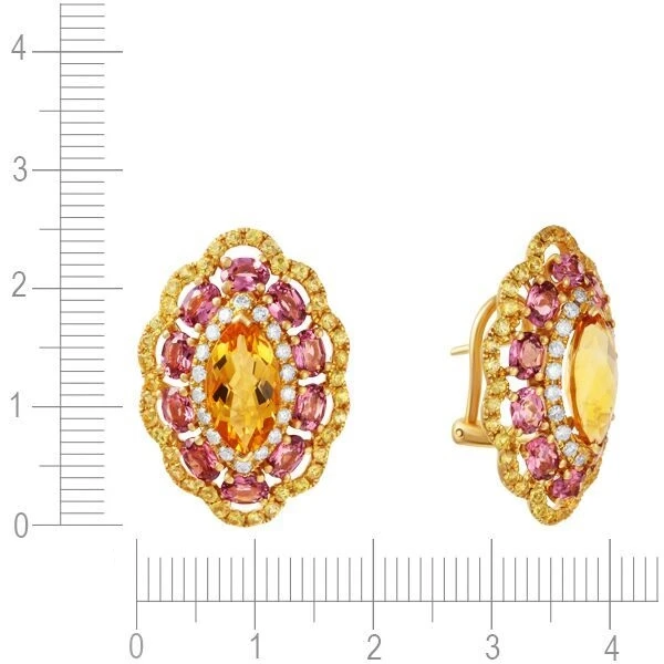 Серьги с цитрином, турмалином, сапфиром, бриллиантами из желтого золота 585 пробы, фото № 3