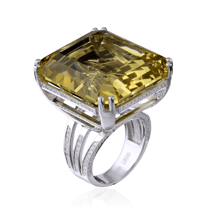 Кольцо с цитрином и бриллиантами в белом золоте 585 пробы (арт. 27697)