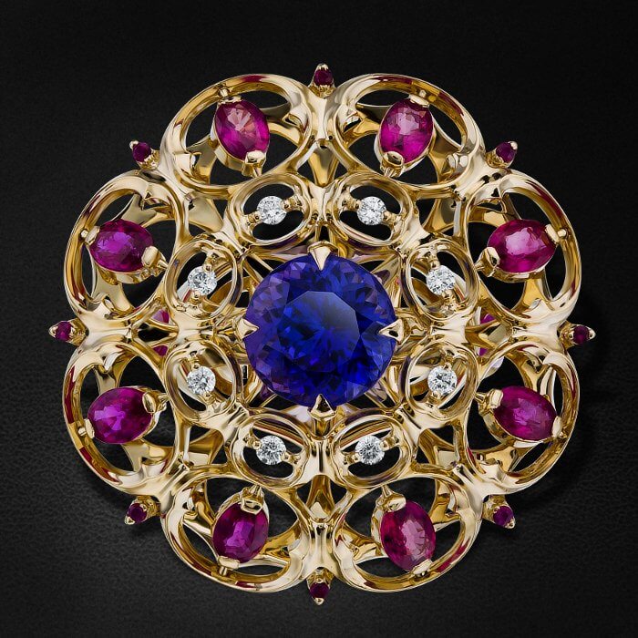 Кольцо с танзанитом, рубином, бриллиантами из желтого золота 750 пробы, фото № 2