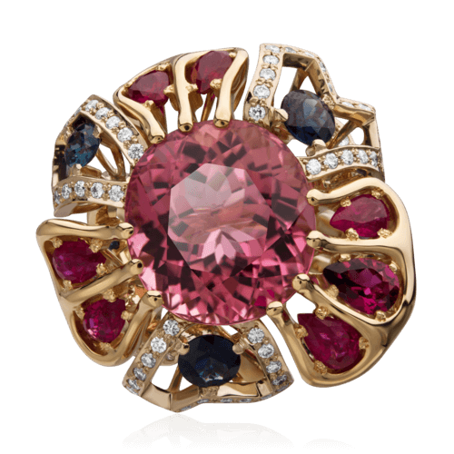 Кольцо с турмалином, рубином, сапфиром, бриллиантами из желтого золота 750 пробы, фото № 2