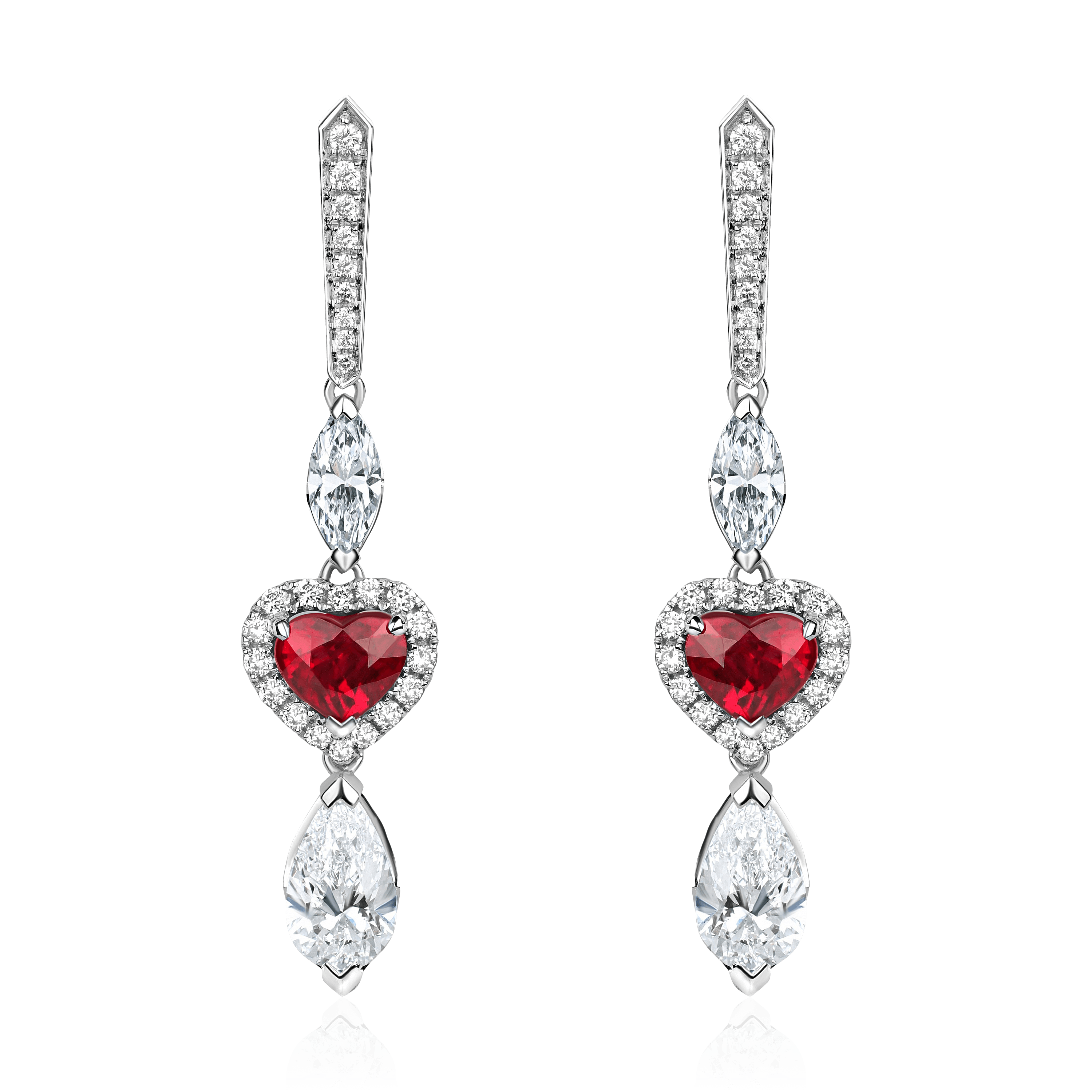 Серьги огранки сердце с рубином, бриллиантами из белого золота 750 пробы (арт. 98705)