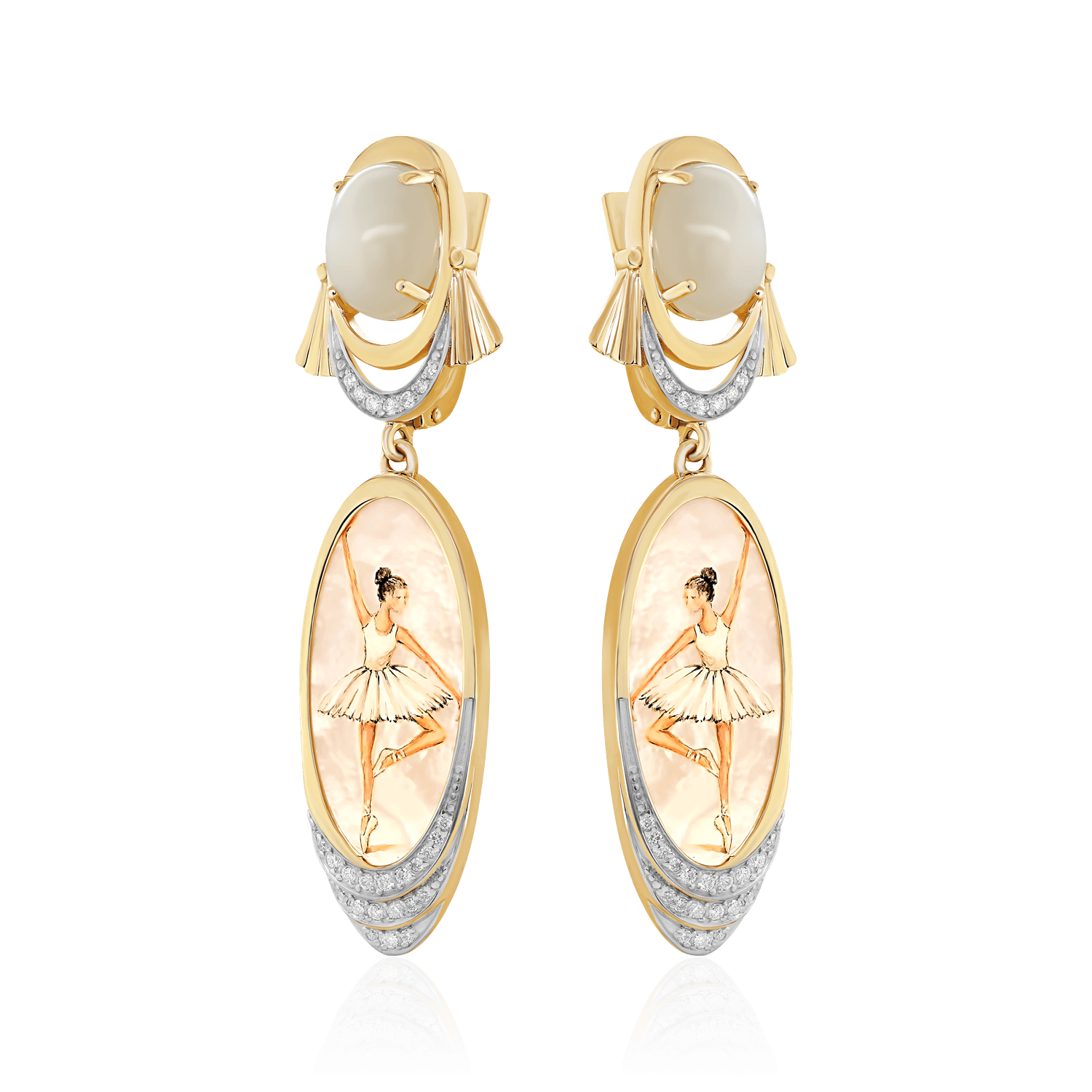Серьги Балерина с перламутром, лунным камнем, бриллиантами из желтого золота 585 пробы (арт. 104183)