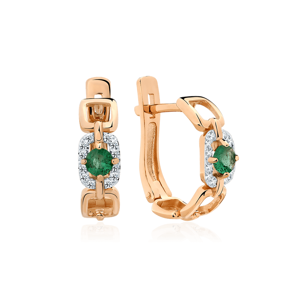 Серьги с изумрудом, бриллиантами из красного золота 585 пробы (арт. 132693)