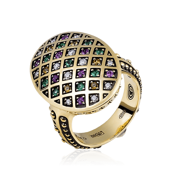 Кольцо с 12 бриллиантами, 10 изумрудами и 14 сапфирами из желтого золота 585 пробы (арт. 25567)