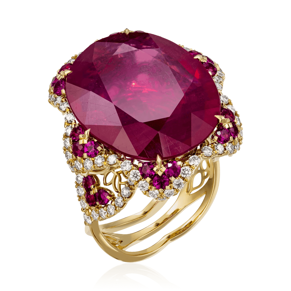 Кольцо с корундом, рубином, бриллиантами, эмалью из желтого золота 750 пробы, фото № 1
