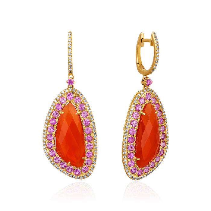 Серьги с корнеолом, сапфиром, бриллиантами из желтого золота 585 пробы (арт. 75149)