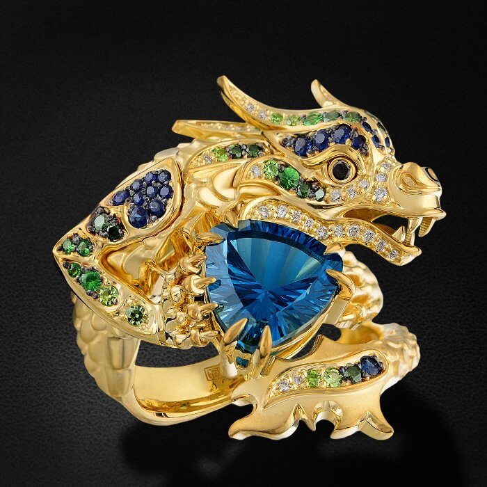 Кольцо Дракон с цветными камнями и бриллиантами в желтом золоте 750 пробы, фото № 3