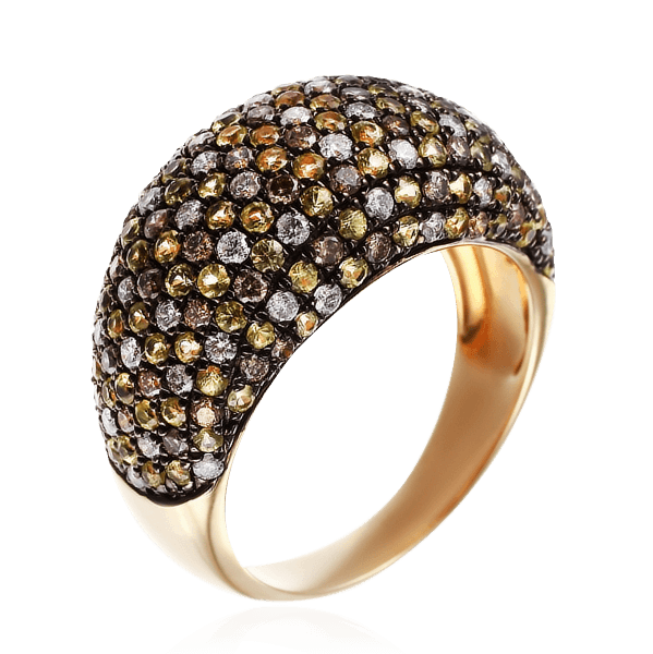 Кольцо с коньячными бриллиантами, бриллиантами, цветными сапфирами из желтого золота 585, фото № 1