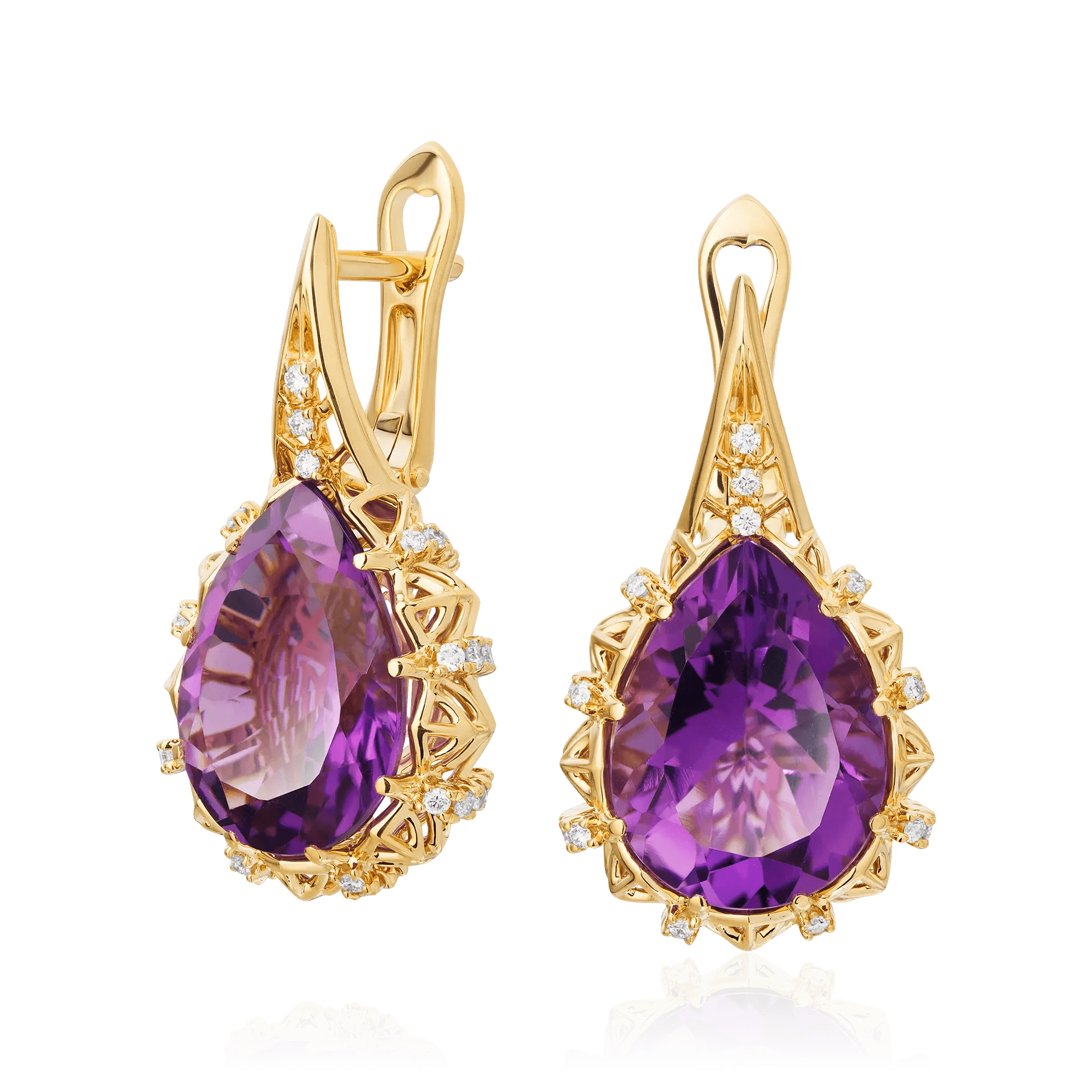 Серьги с аметистом, бриллиантами из желтого золота 750 пробы (арт. 130290)