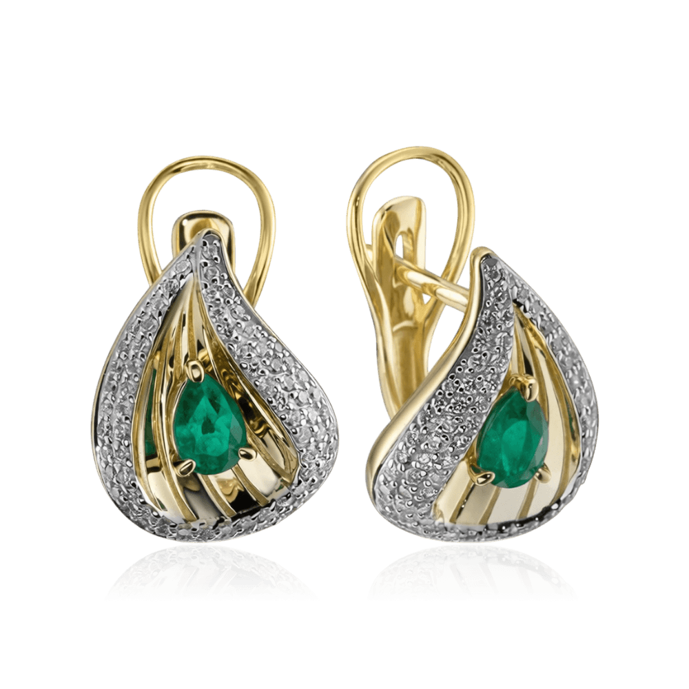 Серьги с бриллиантами, изумрудом из желтого золота 585 пробы (арт. 133464)
