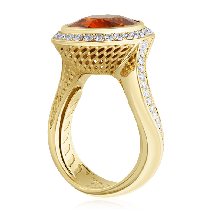 Кольцо с гранатом, бриллиантами из желтого золота 750 пробы, фото № 2