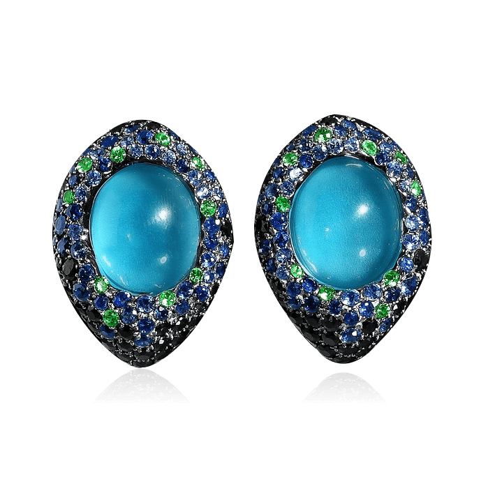 Серьги с цветными камнями в белом золоте 750 пробы, фото № 1