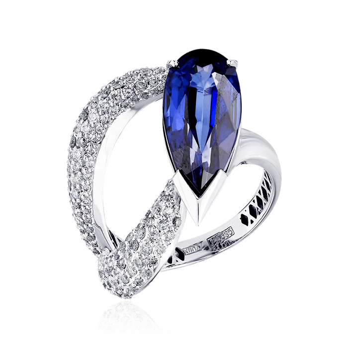 Кольцо с сапфиром, бриллиантами из белого золота 585 пробы, фото № 1