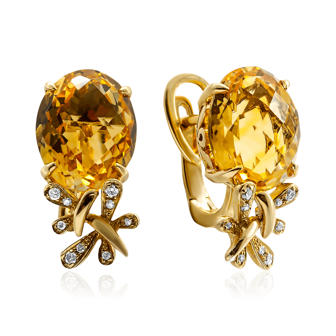 Серьги Стрекозы с цитрином, бриллиантами из желтого золота 585 пробы, фото № 1