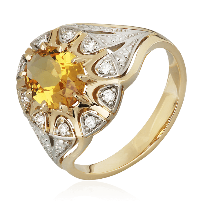 Кольцо с цитрином, бриллиантами из комбинированного золота 750 пробы, фото № 1