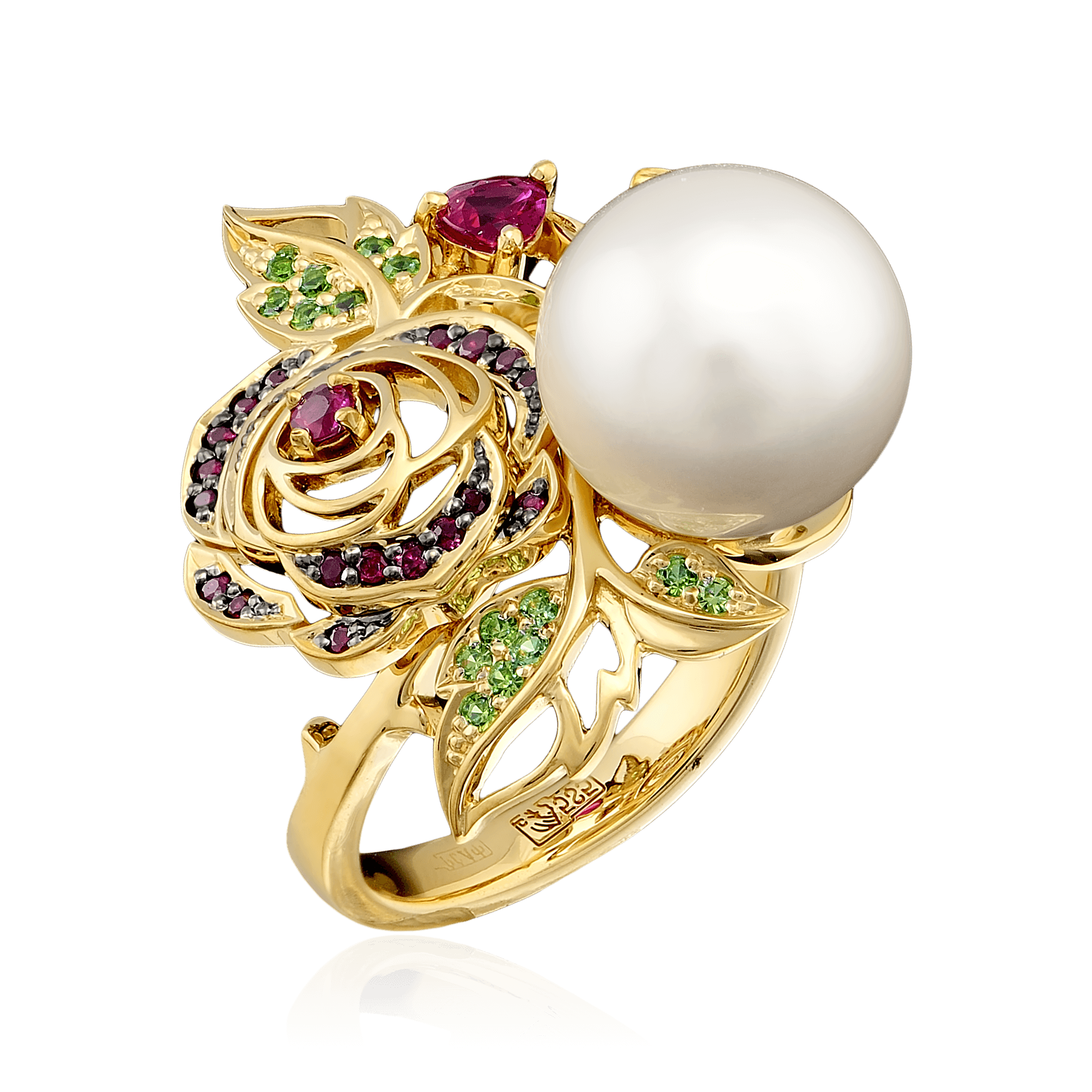 Кольцо Роза с жемчугом, рубином, демантоидом из желтого золота 585 пробы, фото № 1