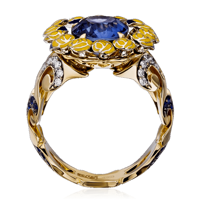 Кольцо с сапфиром, бриллиантами, эмалью из желтого золота 750 пробы, фото № 2