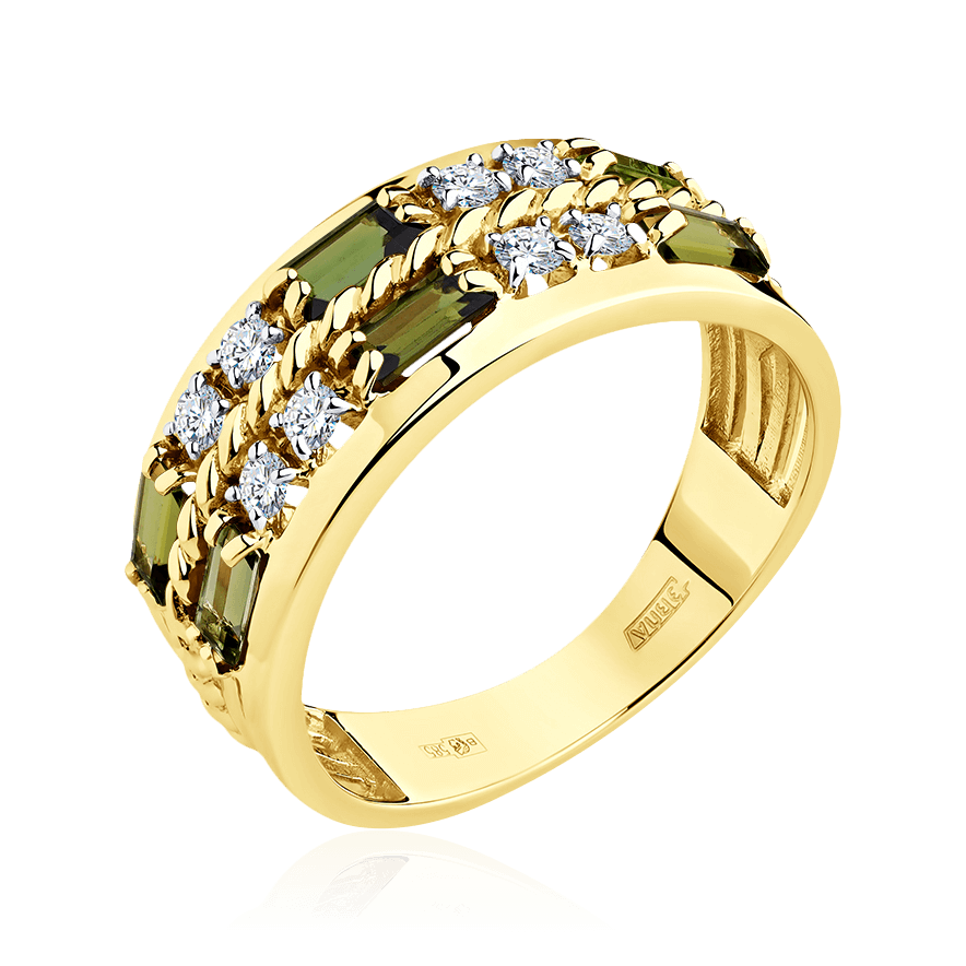 Кольцо с бриллиантами, турмалином из желтого золота 585 пробы, фото № 1