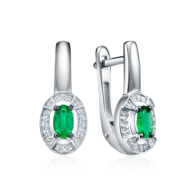 Серьги с изумрудом, бриллиантами из белого золота 585 пробы (арт. 125685)