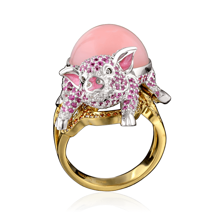 Кольцо Поросенок с опалом, розовыми сапфирами, бриллиантами в желтом и белом золоте 750 пробы, фото № 3