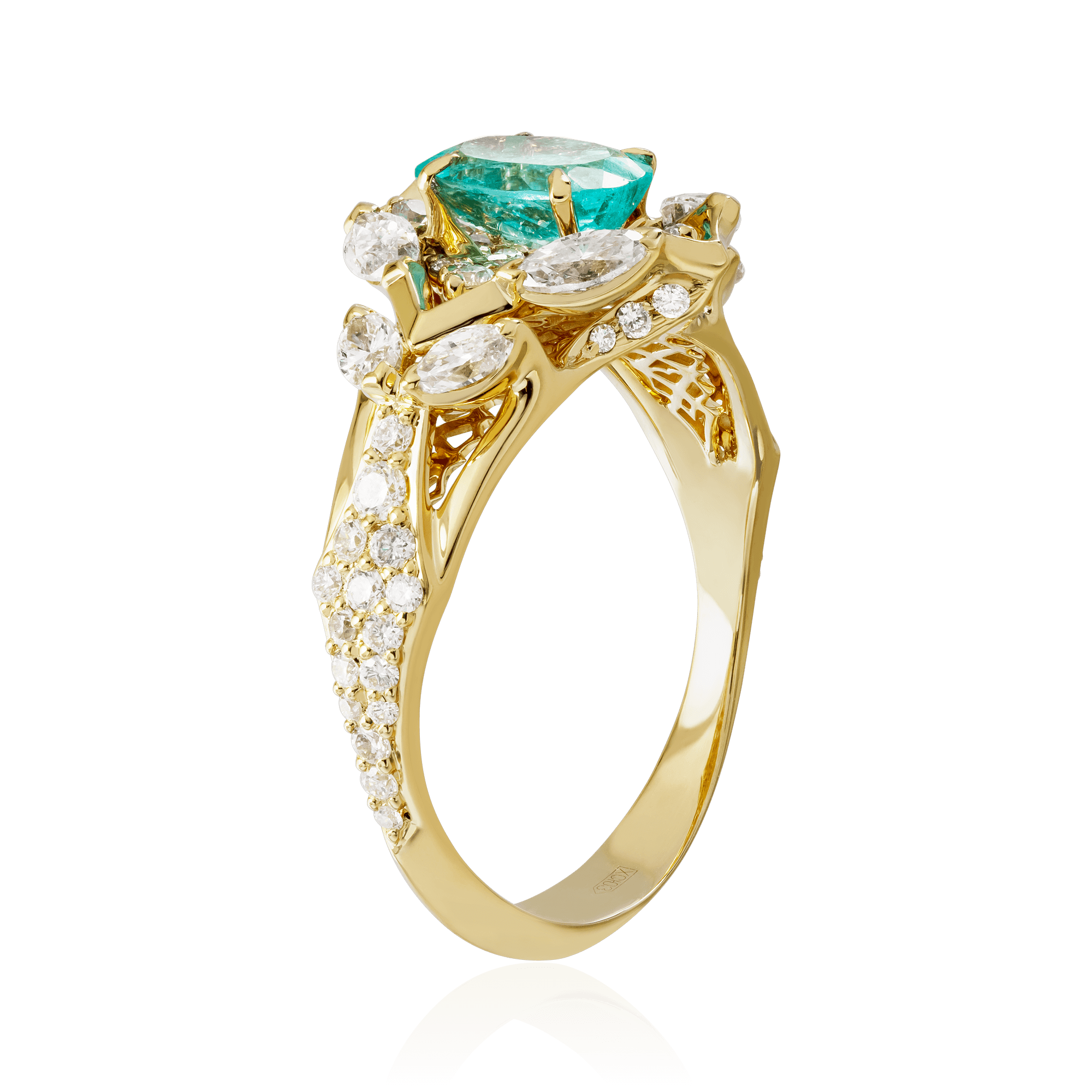 Кольцо с турмалином Параиба, бриллиантами из желтого золота 750 пробы, фото № 3
