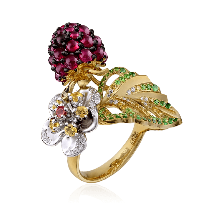 Кольцо Малина с рубинами, сапфирами, бриллиантами, демантоидами, тсаворитами из комбинированного золота 750 пробы (арт. 27766)