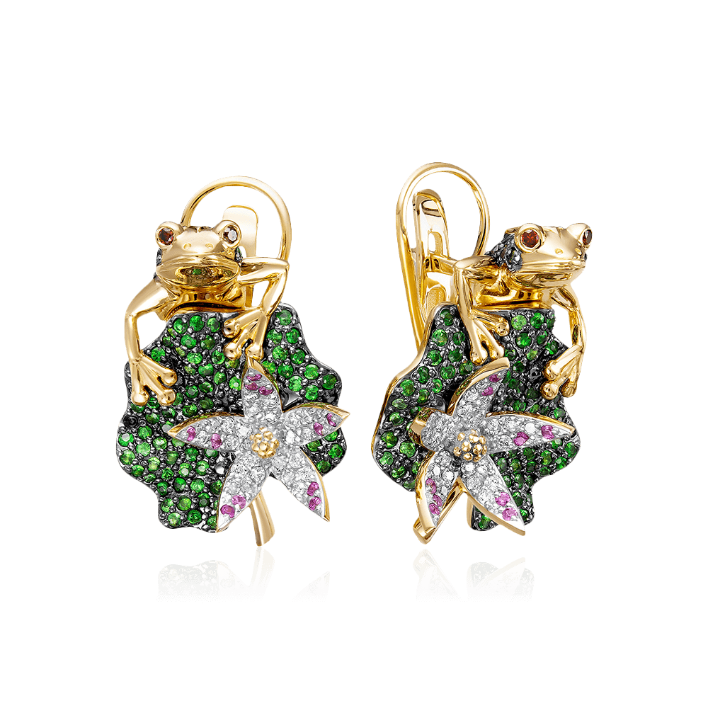 Серьги Лягушки на кувшинке с бриллиантами из желтого золота 585 пробы, фото № 1
