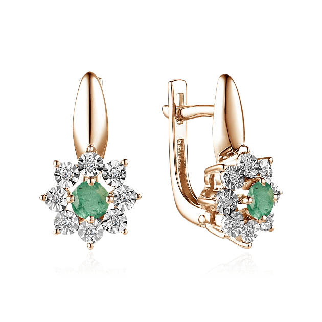 Серьги с изумрудом, бриллиантами из красного золота 585 пробы (арт. 82099)