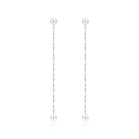 Длинные серьги с жемчугом, бриллиантами из белого золота 750 пробы (арт. 98076)