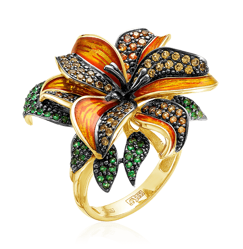 Кольцо с изумрудом, бриллиантами, эмалью, тсаворитом из желтого золота 585 пробы (арт. 54597)