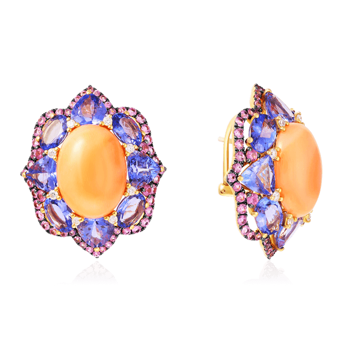 Серьги с кораллом , танзанитом , розовыми сапфирами , бриллиантами из желтого золота 585 пробы (арт. 60892)