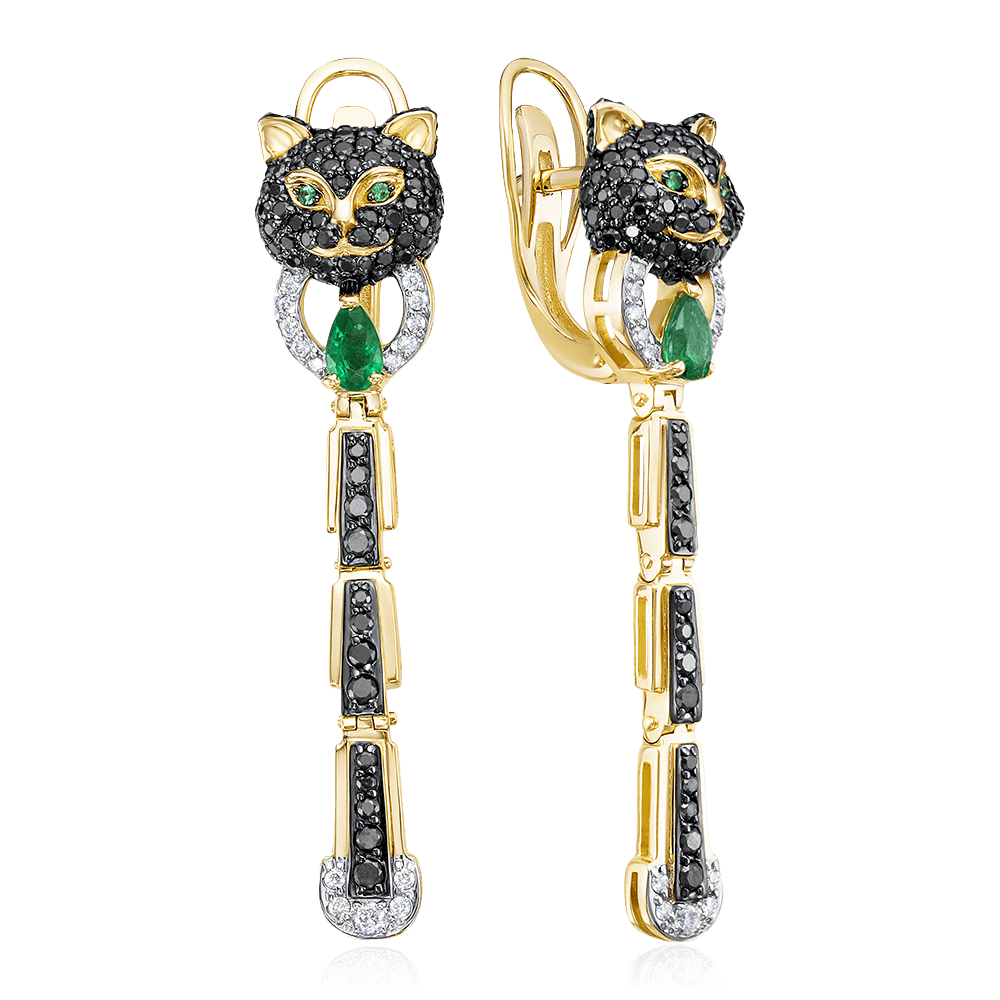 Серьги Кошки с бриллиантами, изумрудом из желтого золота 585 пробы, фото № 1
