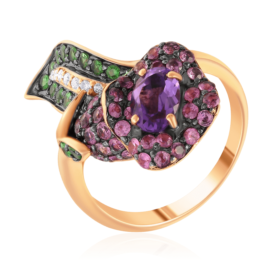Кольцо с аметистом, розовыми сапфирами, тсаворитом, бриллиантами из красного золота 585 пробы, фото № 1