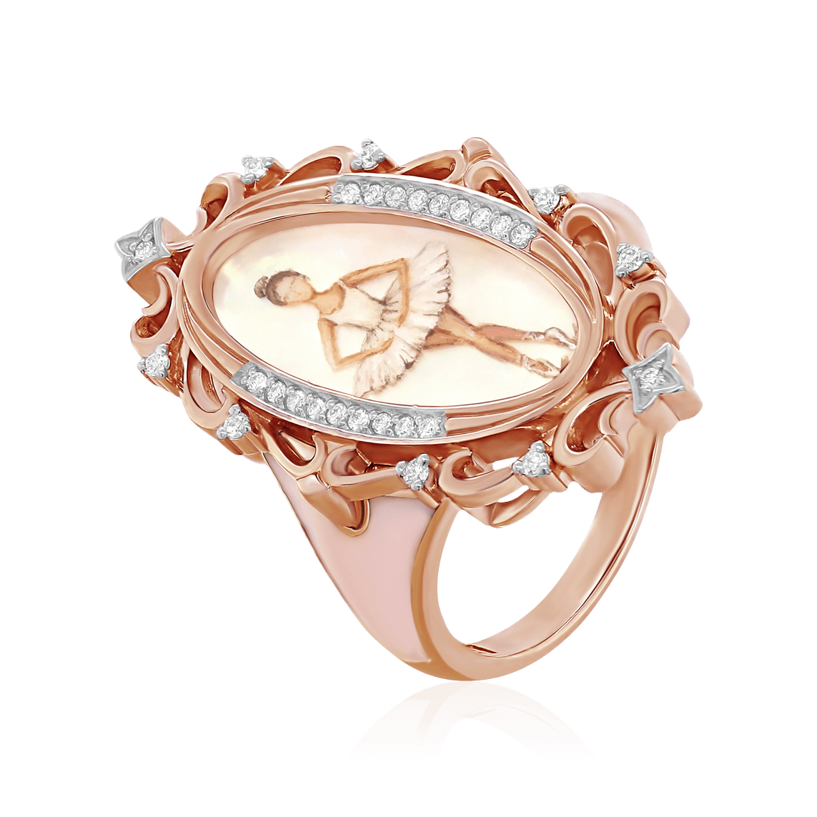 Кольцо Балерина с перламутром, бриллиантами, горячей эмалью из красного золота 585 пробы (арт. 104021)