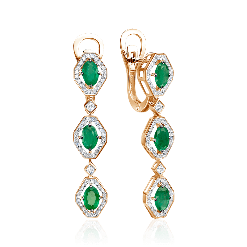 Серьги с изумрудом, бриллиантами из красного золота 585 пробы (арт. 122648)