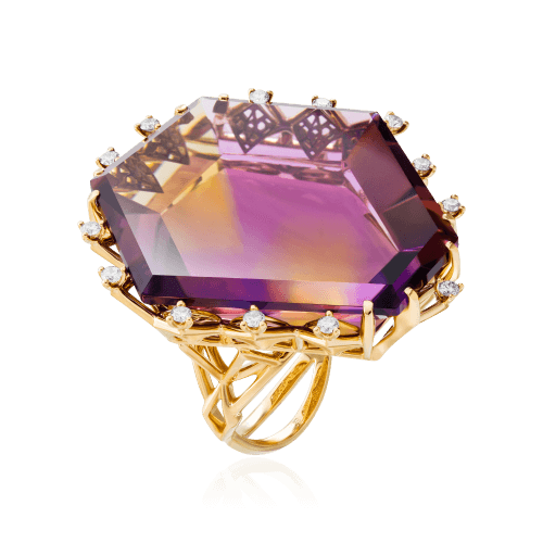 Кольцо с аметрином, бриллиантами из желтого золота 750 пробы, фото № 1