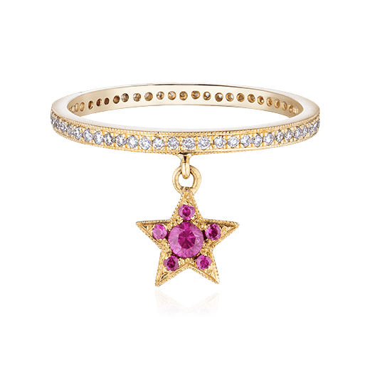 Кольцо с подвесной звездой с рубином, бриллиантами из желтого золота 750 пробы, фото № 1