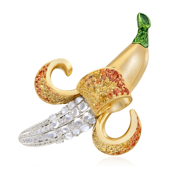 Брошь Банан с цветными камнями и бриллиантами в желтом и белом золоте 750 пробы, фото № 1