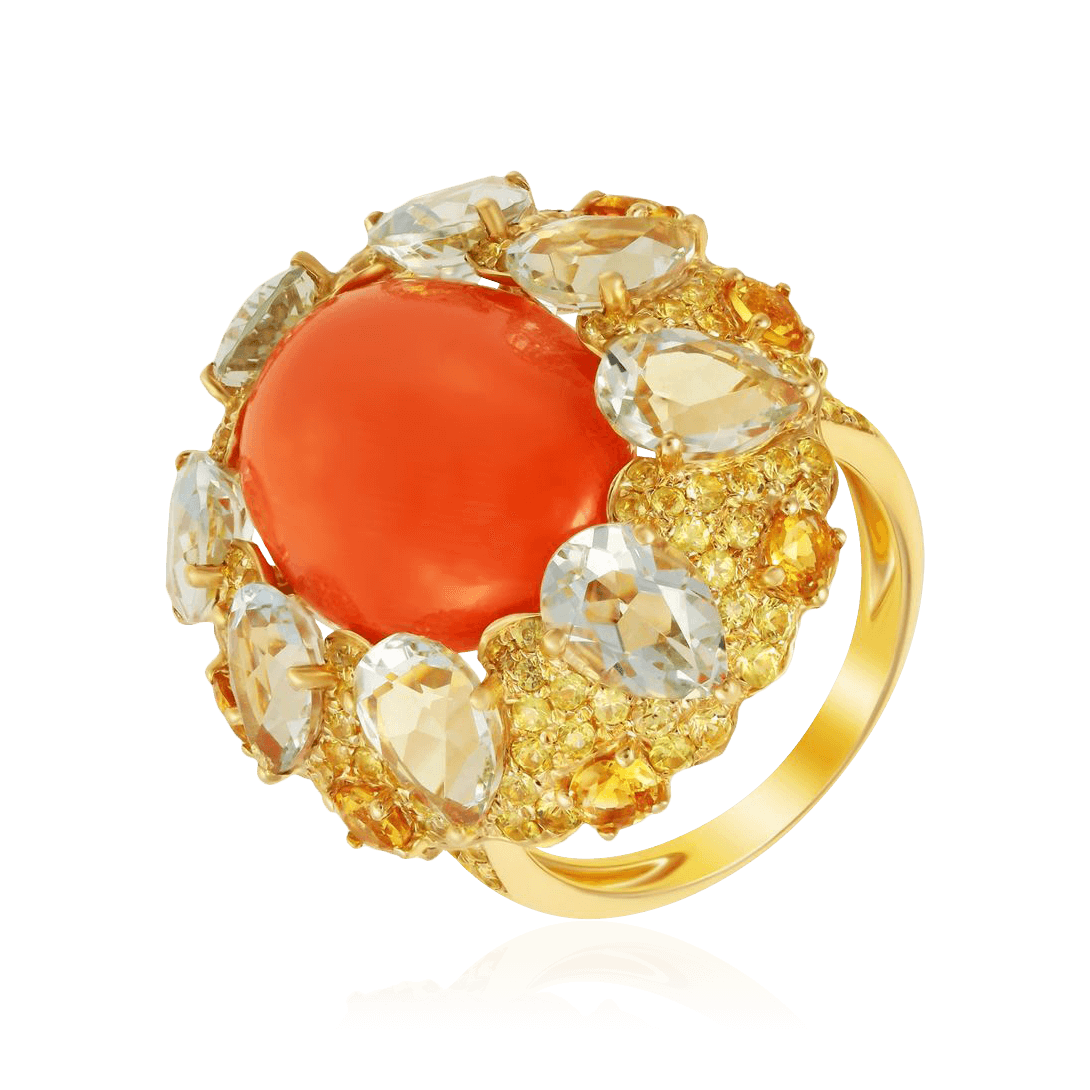 Кольцо с сапфиром, цитрином, кораллом, празиолитом из желтого золота 585 пробы, фото № 1